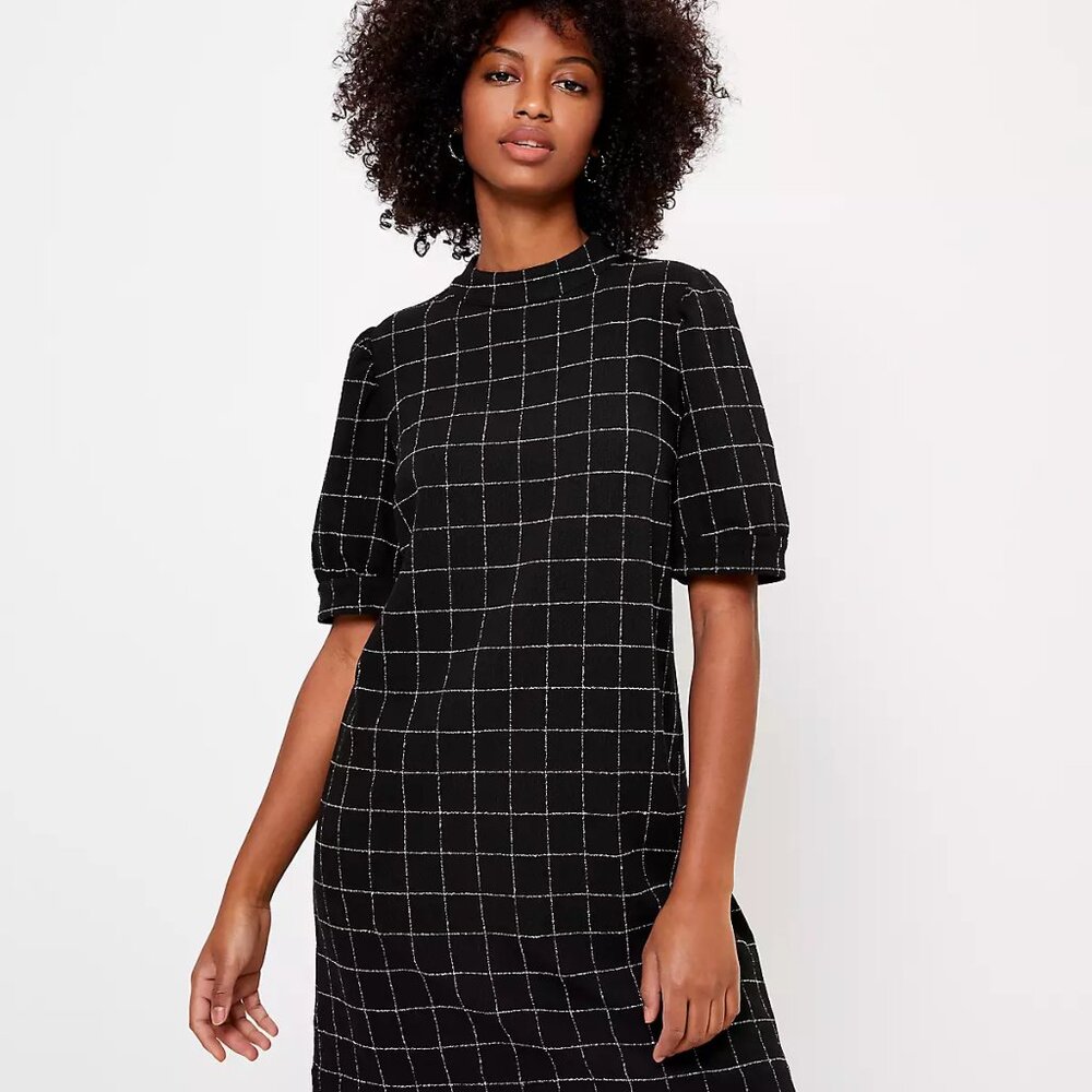 Loft Windowpane Puff Sleeve Shift Dress 4